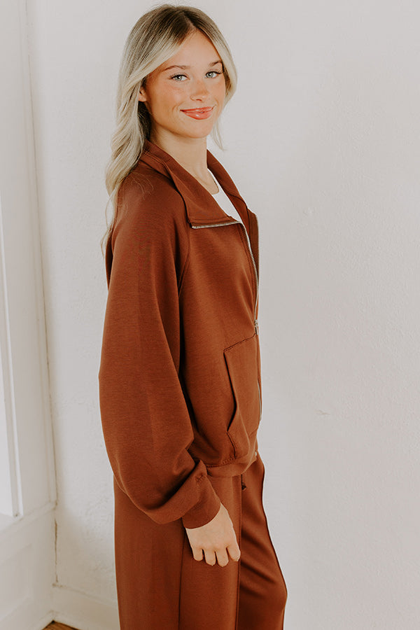 Impressions Morning Dew Scuba Zip-Up Sweater In Chocolate