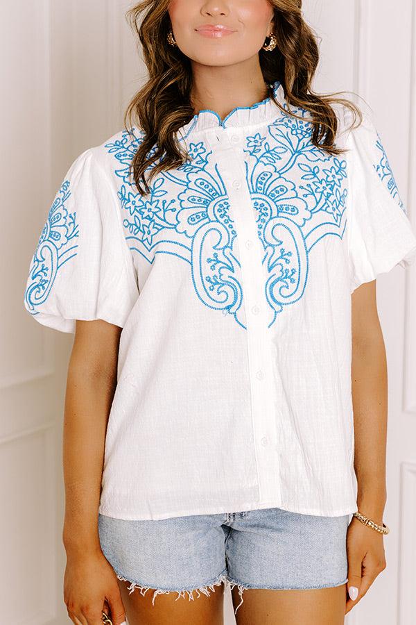 Impressions Myrtle Beach Brunch Embroidered Top In Blue