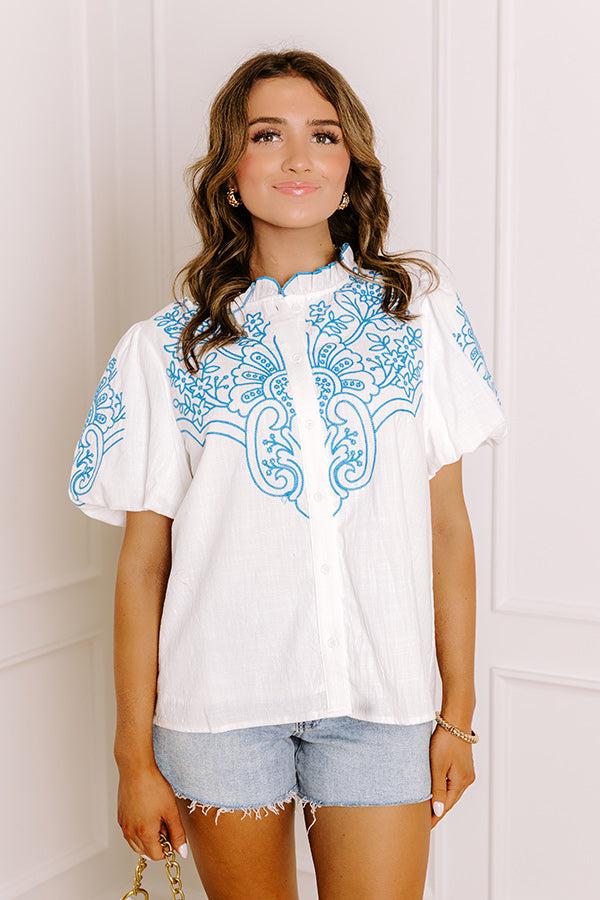 Impressions Myrtle Beach Brunch Embroidered Top In Blue