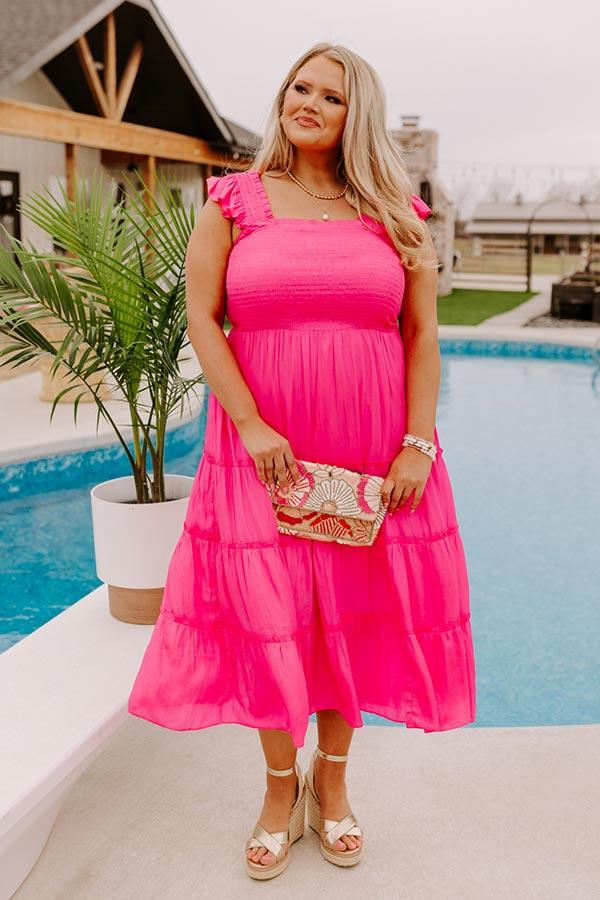 Impressions Napa Valley Retreat Smocked Midi In Hot Pink Curves