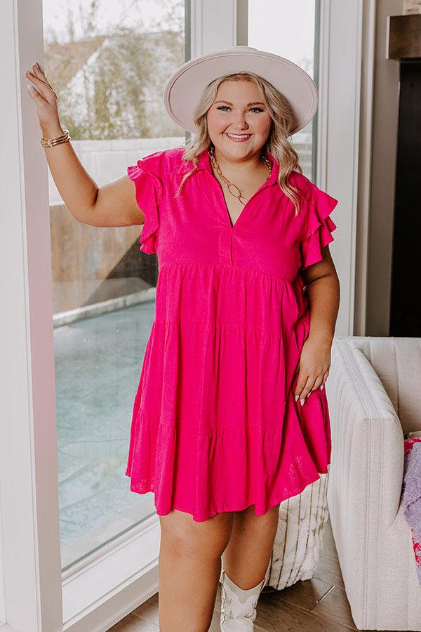 Impressions Newsworthy Style Linen-Blend Babydoll Dress In Hot Pink Curves