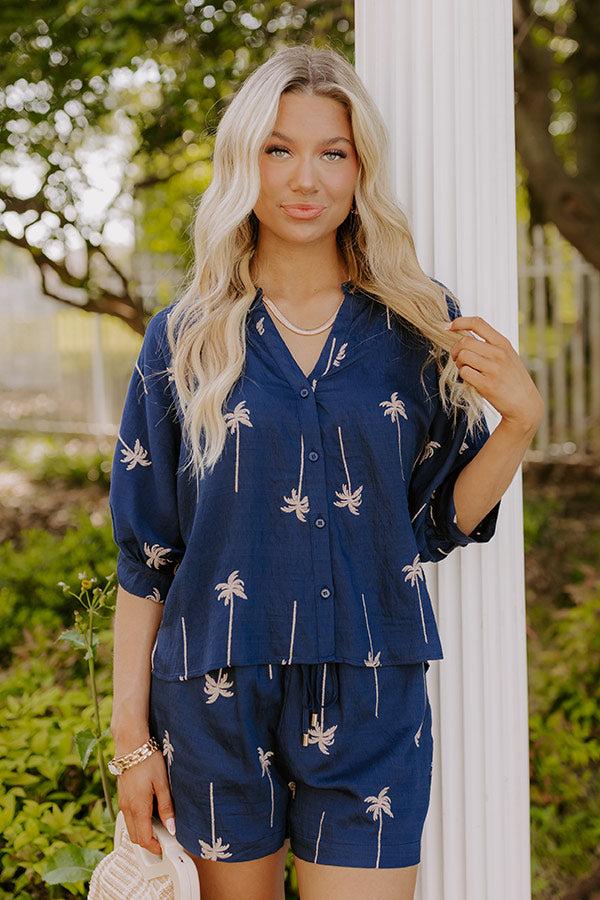 Impressions Palm Tree Oasis Embroidered Button Down Top