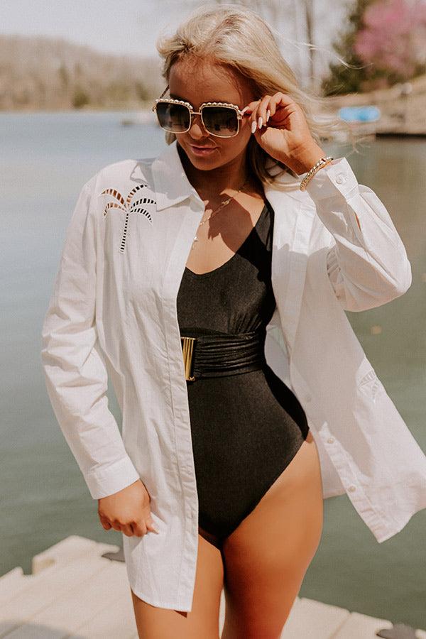 Impressions Palm Trees And Pina Coladas Embroidered Button Up