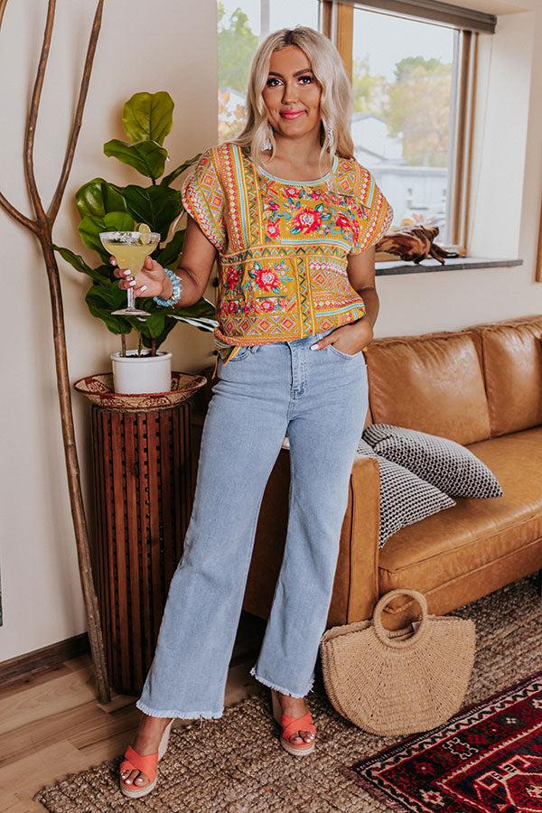 Impressions Patio Luxury Embroidered Top In Mustard