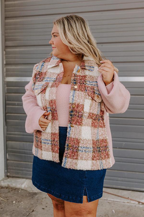 Impressions Picking Pumpkins Plaid Jacket In Blush Curves