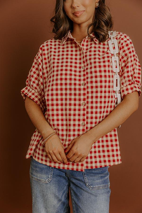 Impressions Picnic At The Park Oversized Gingham Button Up In Red/Yellow