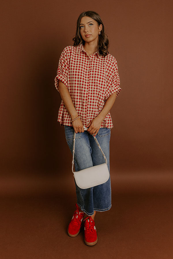 Impressions Picnic At The Park Oversized Gingham Button Up In Red/Yellow
