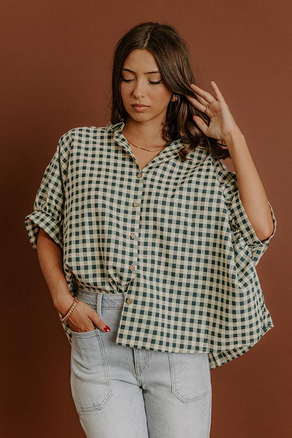 Impressions Picnic At The Park Oversized Gingham Button Up In Hunter Green