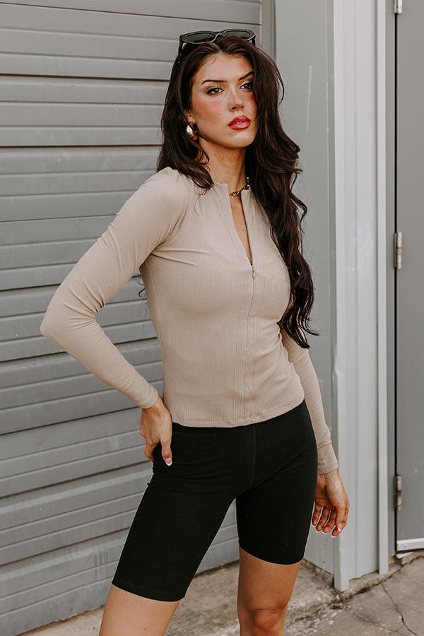 Impressions Pilates Please Flex Ribbed Half Zip Long Sleeve In Beige