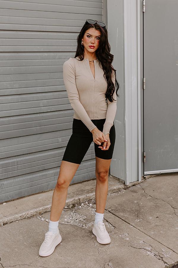 Impressions Pilates Please Flex Ribbed Half Zip Long Sleeve In Beige