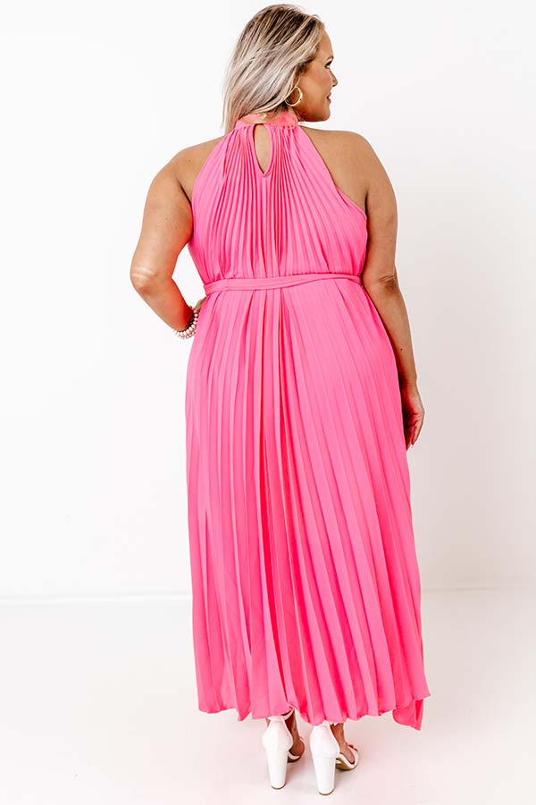 Impressions Point Of Pretty Pleated Maxi Dress In Neon Pink Curves