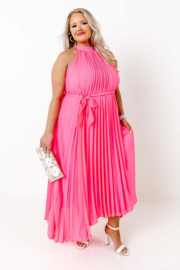 Impressions Point Of Pretty Pleated Maxi Dress In Neon Pink Curves