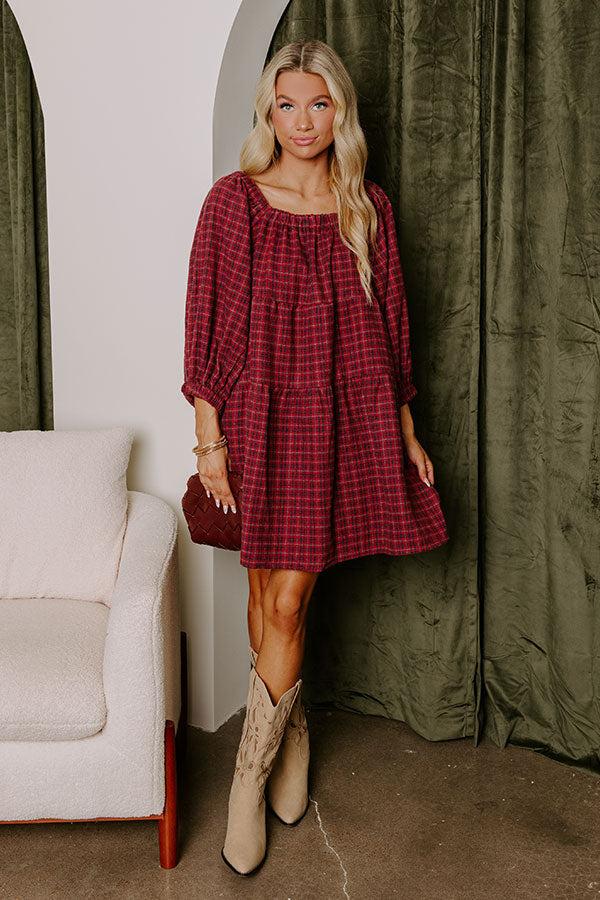 Impressions Pumpkin Spice Cutie Plaid Mini Dress In Wine