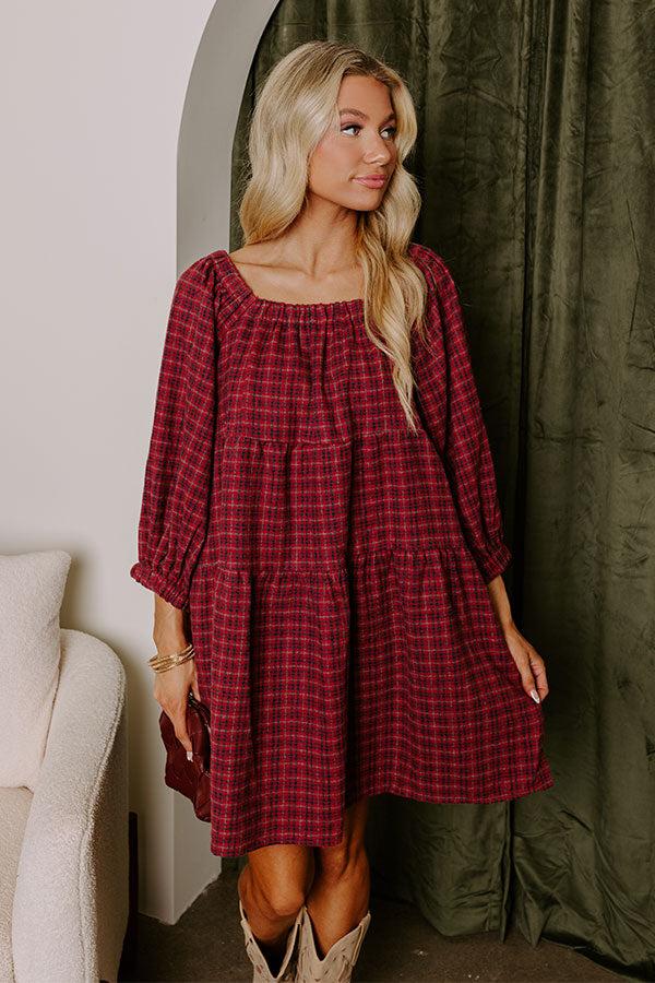 Impressions Pumpkin Spice Cutie Plaid Mini Dress In Wine