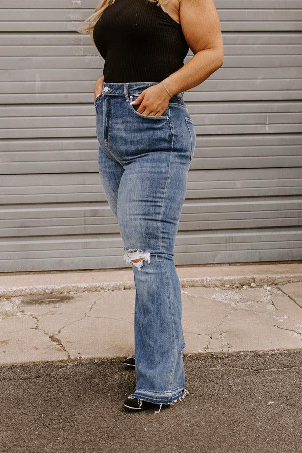 Impressions Risen The Sequoia High Waist Distressed Flare In Dark Wash Curves