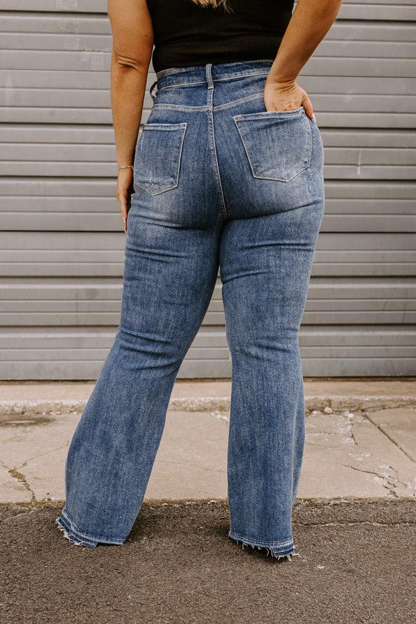 Impressions Risen The Sequoia High Waist Distressed Flare In Dark Wash Curves