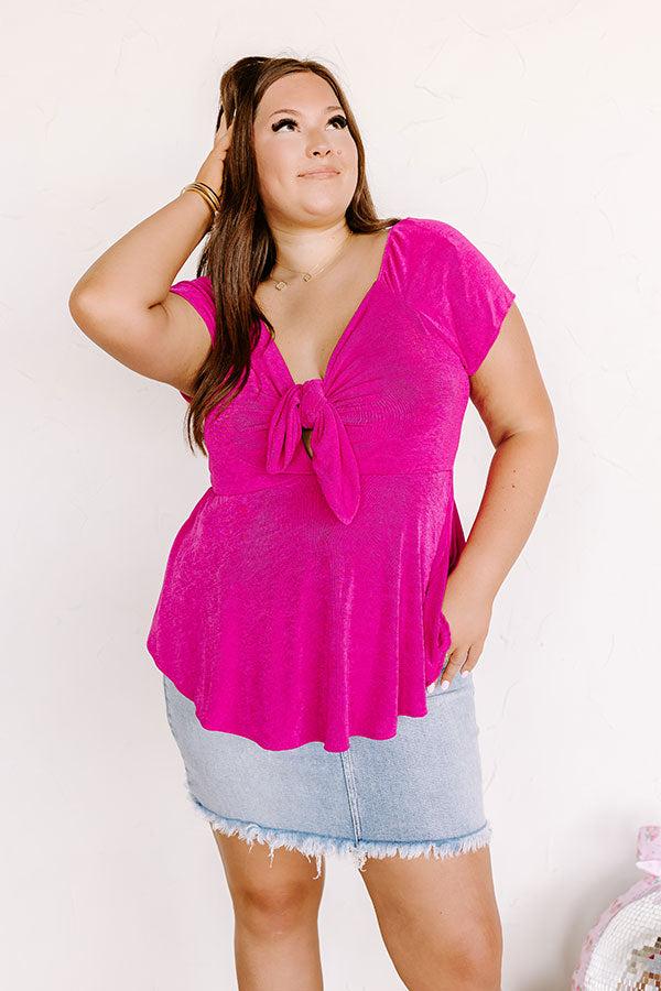 Impressions Romantic Getaway Front Tie Babydoll Top In Fuchsia Curves