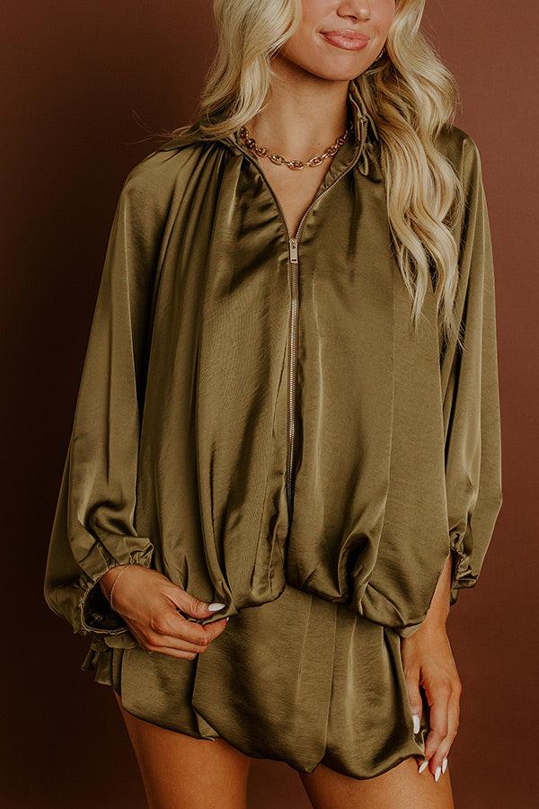 Impressions Rooftop Cocktails Satin Zip Up Top In Martini Olive