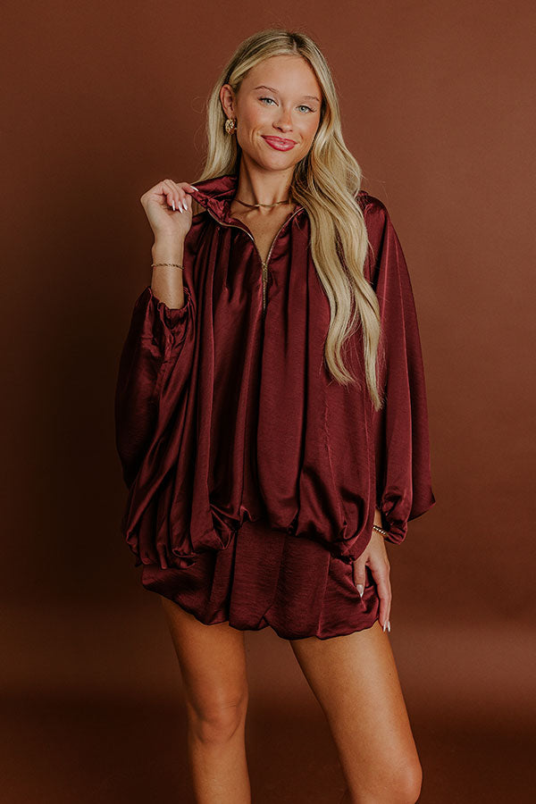 Impressions Rooftop Cocktails Satin Zip Up Top In Merlot