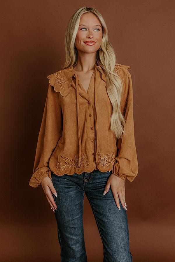 Impressions Rosehill Estate Faux Suede Button Up Top In Camel