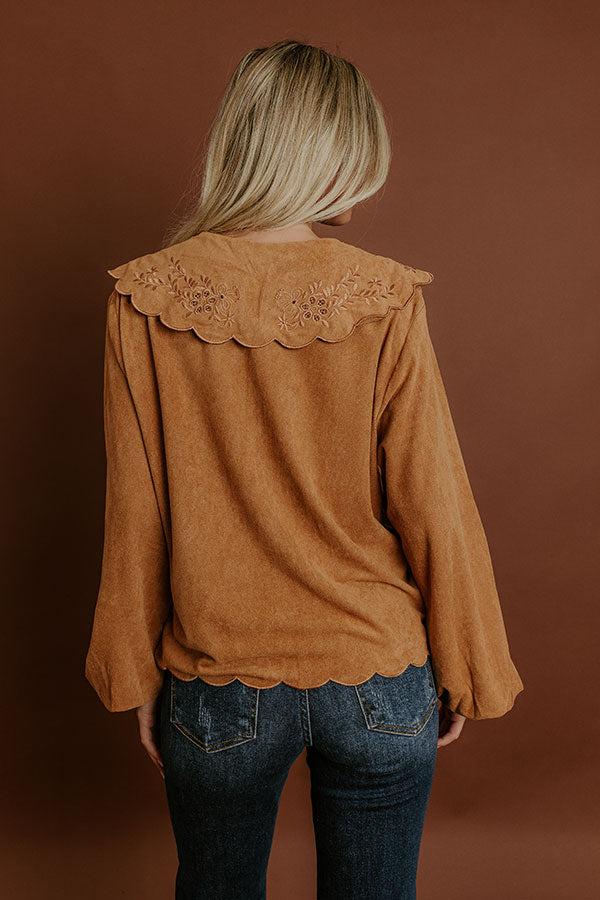 Impressions Rosehill Estate Faux Suede Button Up Top In Camel