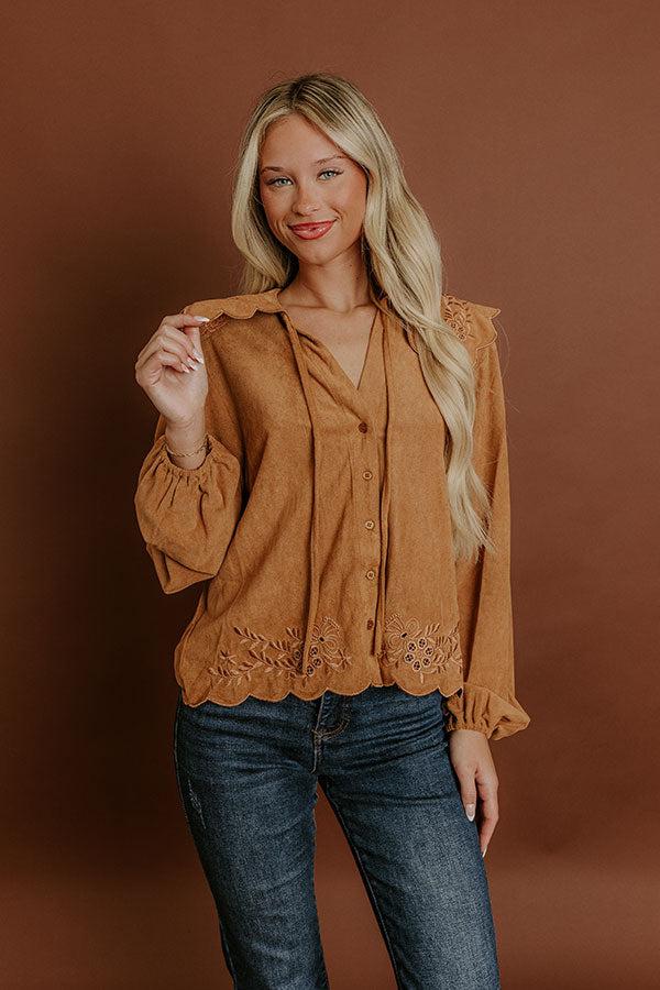Impressions Rosehill Estate Faux Suede Button Up Top in Camel