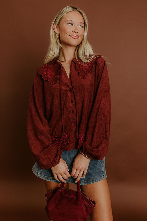 Impressions Rosehill Estate Faux Suede Button Up Top In Merlot