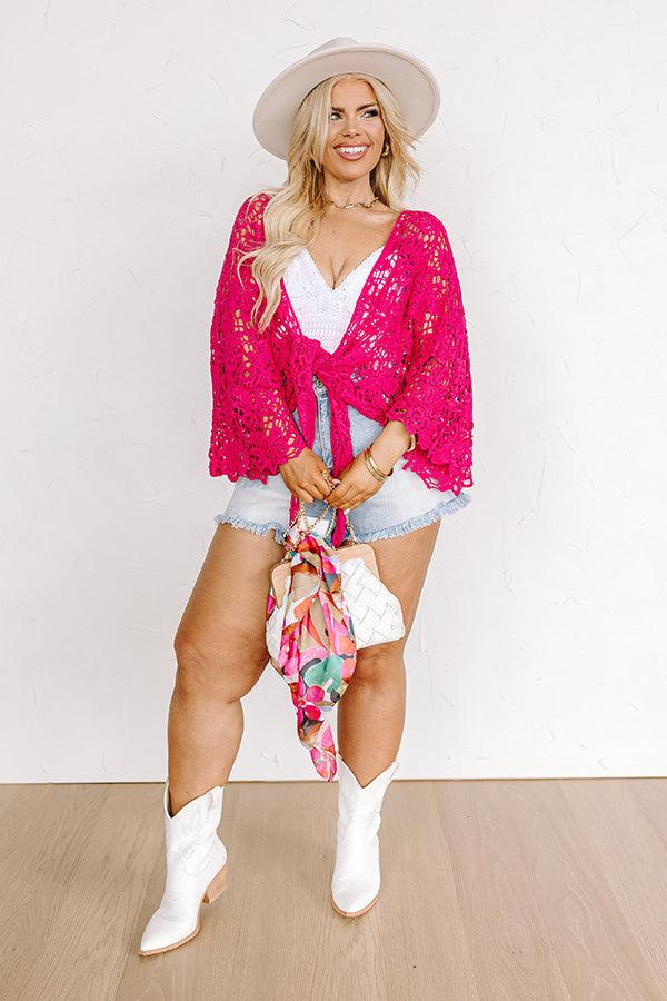 Impressions Sail The Day Away Front Tie Crochet Top In Hot Pink Curves