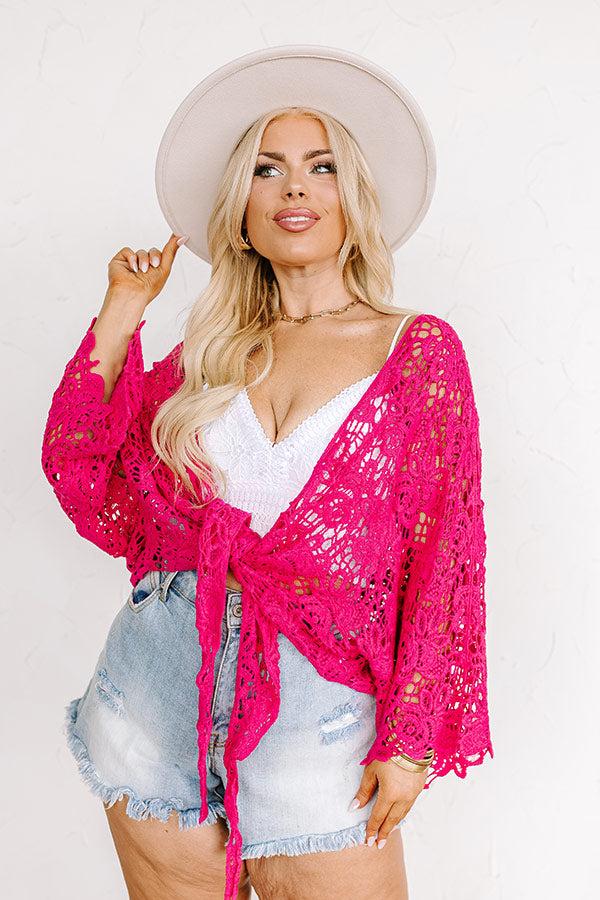 Impressions Sail The Day Away Front Tie Crochet Top in Hot Pink Curves