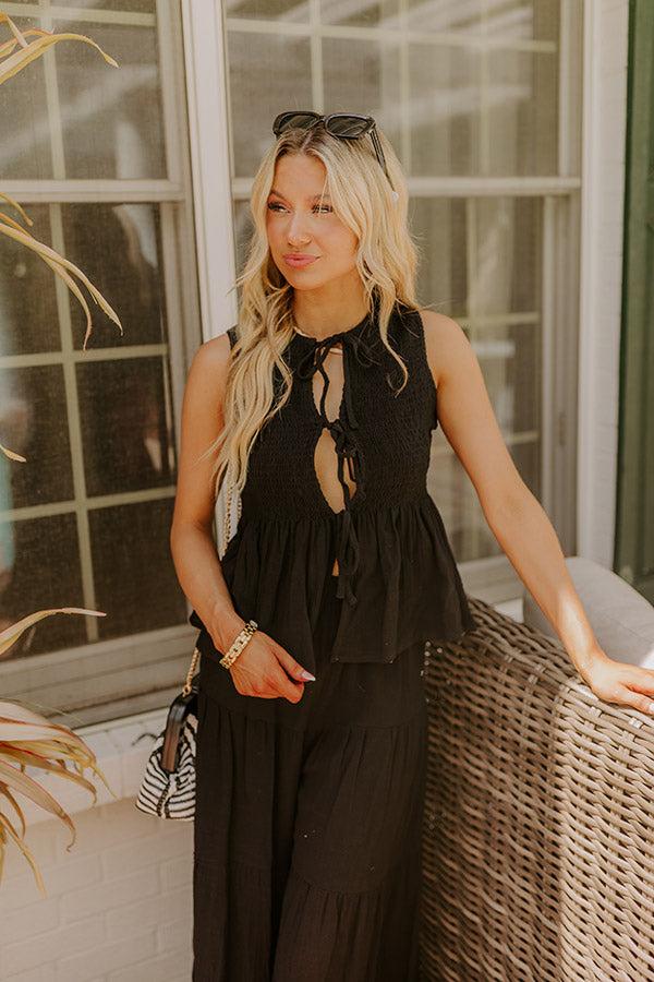 Impressions Santorini Breeze Front Tie Smocked Top in Black