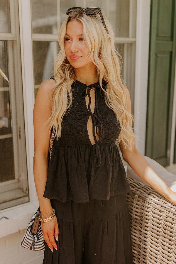 Impressions Santorini Breeze Front Tie Smocked Top In Black
