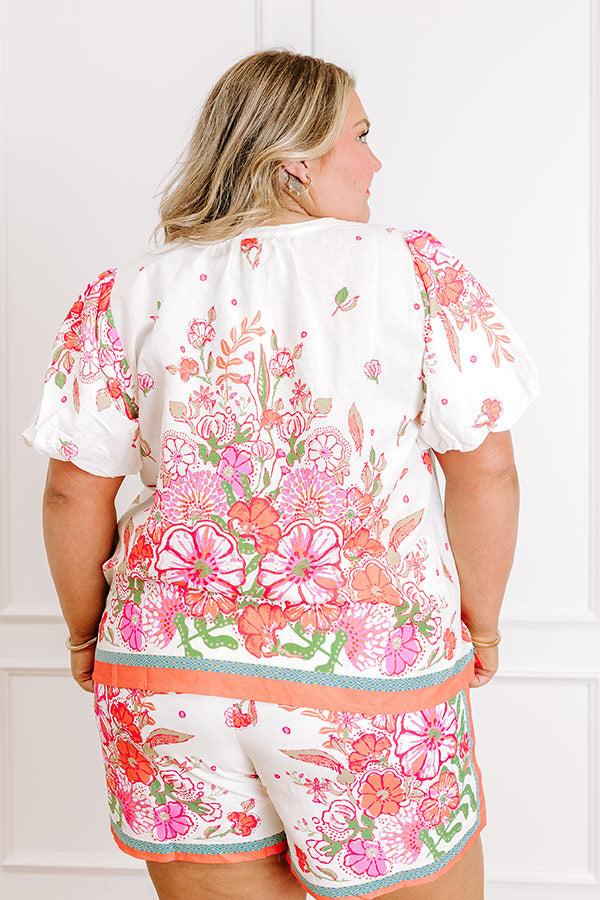 Impressions Santorini Daydream Linen-Blend Floral Top In Ivory Curves