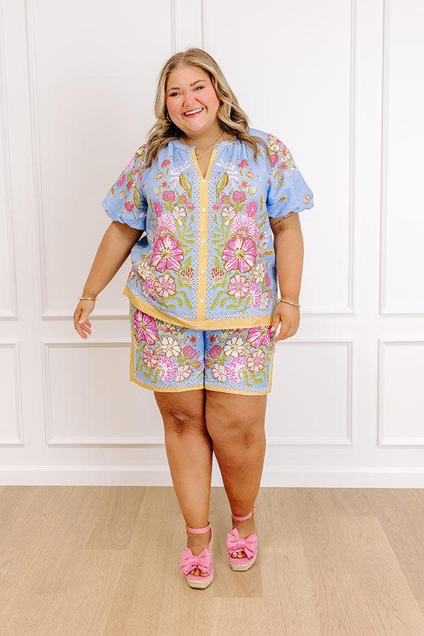 Impressions Santorini Daydream Linen-Blend Floral Top In Periwinkle Curves