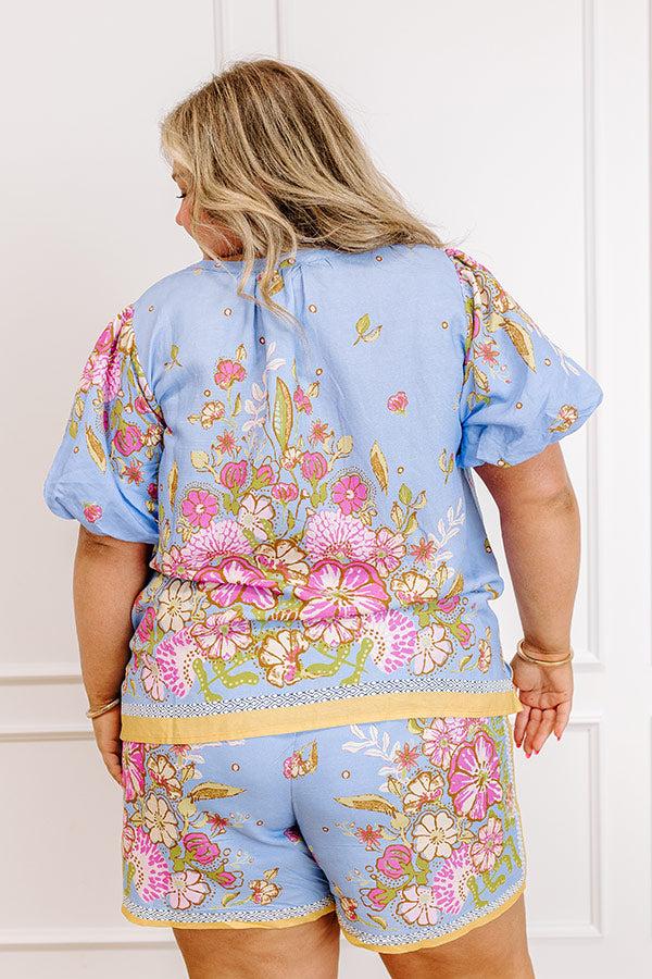 Impressions Santorini Daydream Linen-Blend Floral Top In Periwinkle Curves