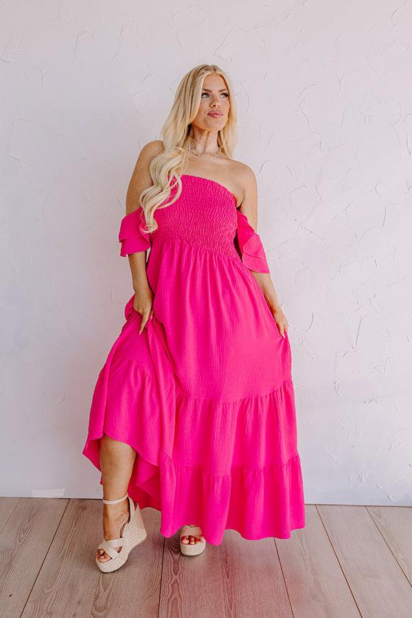 Impressions Seaside Chic Smocked Maxi In Hot Pink Curves