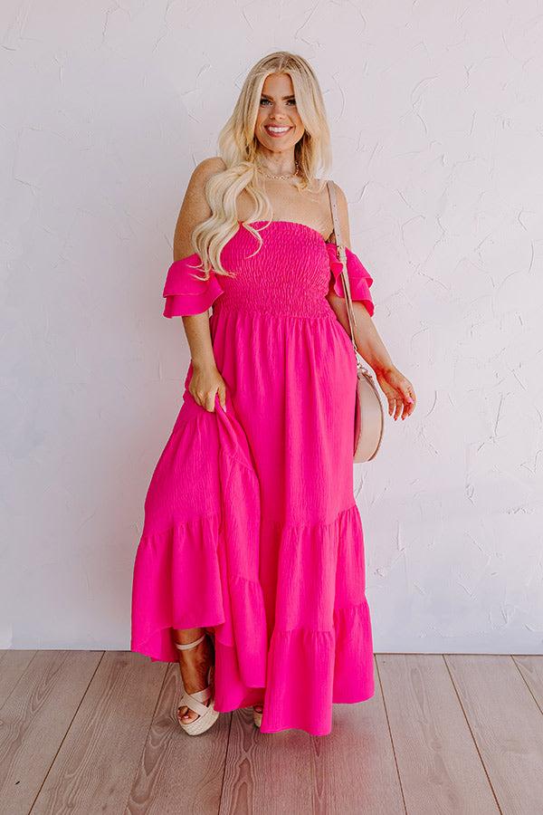 Impressions Seaside Chic Smocked Maxi In Hot Pink Curves