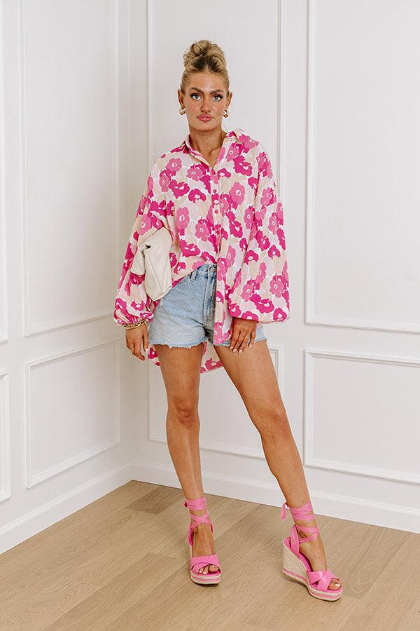 Impressions Sips And Smiles Floral Button Up In Blush