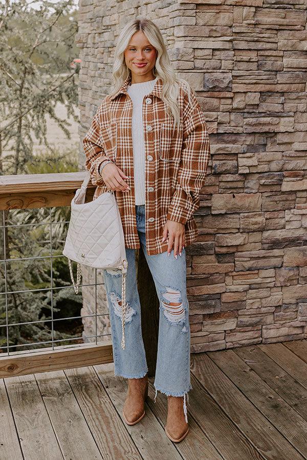 Impressions Start The Bonfire Embellished Plaid Jacket In Chocolate