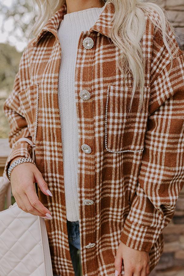 Impressions Start The Bonfire Embellished Plaid Jacket In Chocolate