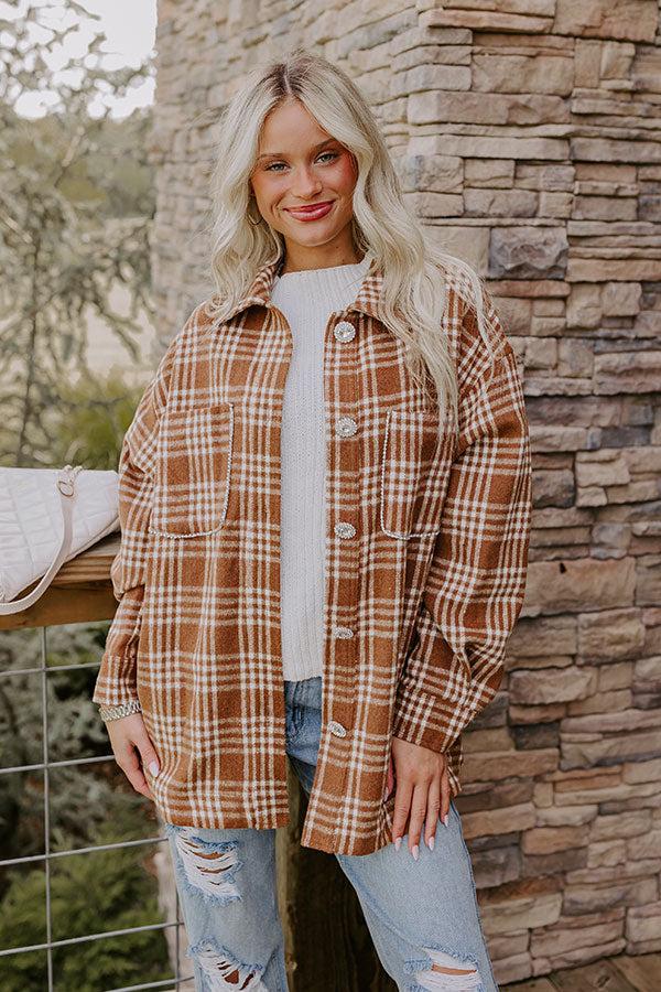 Impressions Start The Bonfire Embellished Plaid Jacket In Chocolate