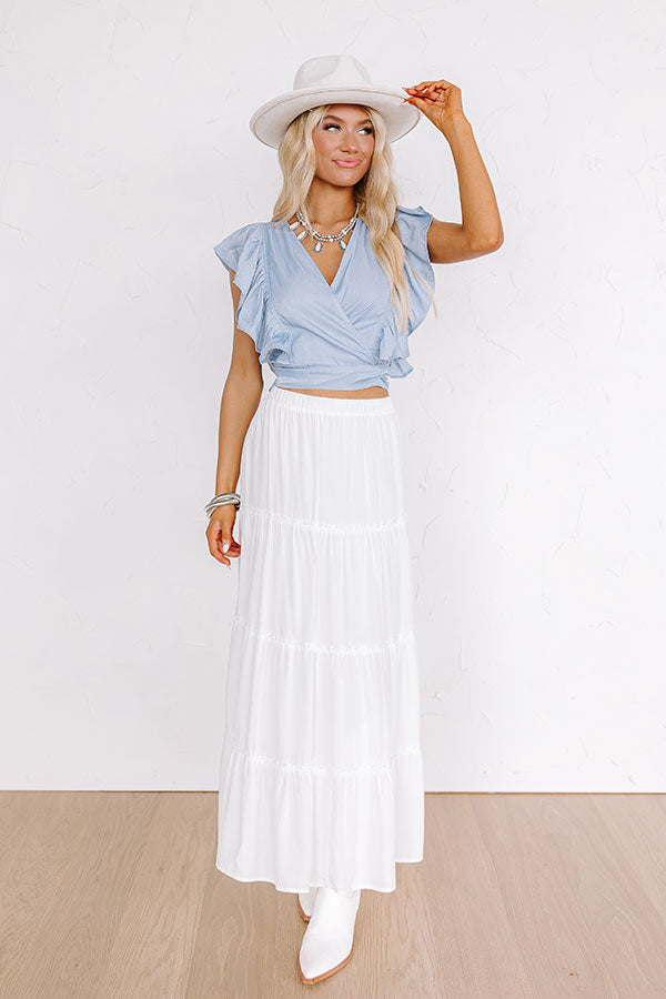 Impressions Summer Glow Chambray Wrap Top In Light Wash