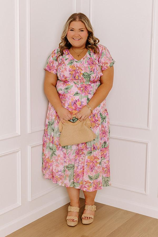 Impressions Sunny Sangria Floral Midi Dress in Pink Curves