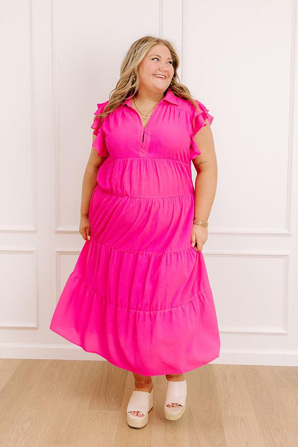 Impressions Sunny Spritzer Tiered Midi Dress In Hot Pink Curves