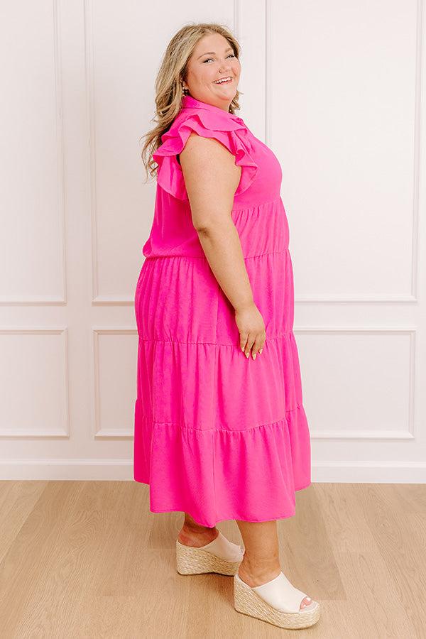 Impressions Sunny Spritzer Tiered Midi Dress In Hot Pink Curves