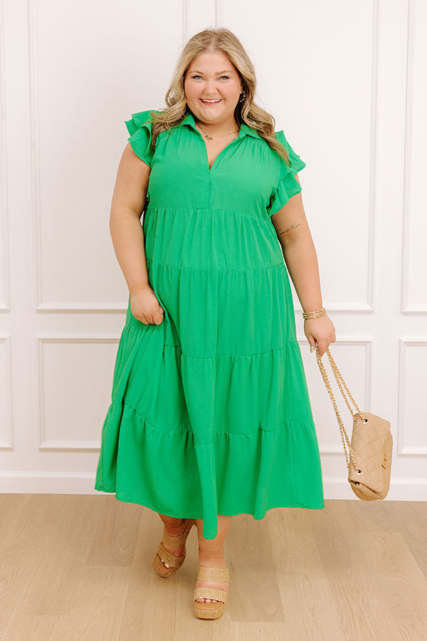 Impressions Sunny Spritzer Tiered Midi Dress in Kelly Green Curves