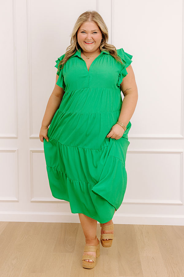 Impressions Sunny Spritzer Tiered Midi Dress In Kelly Green Curves