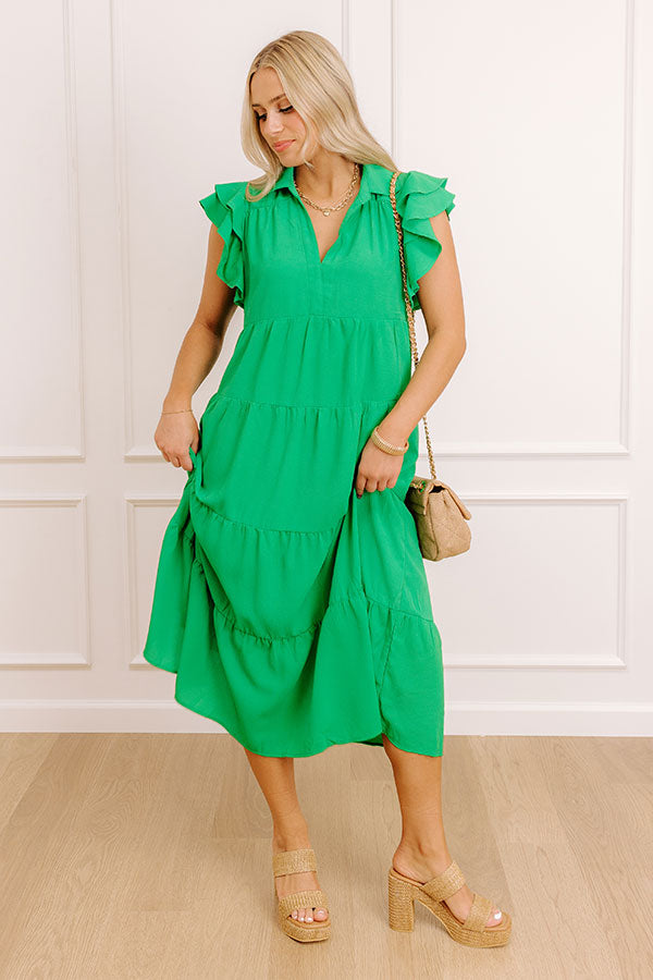 Impressions Sunny Spritzer Tiered Midi Dress in Kelly Green