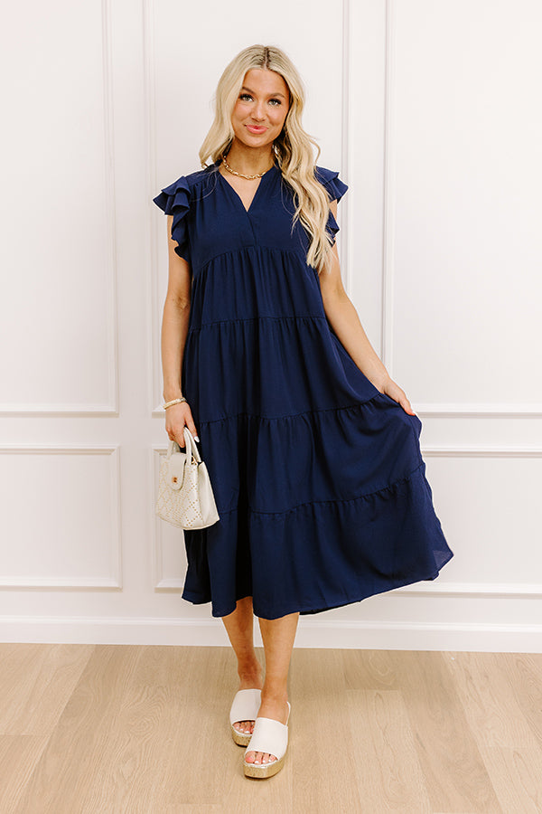Impressions Sunny Spritzer Tiered Midi Dress in Navy