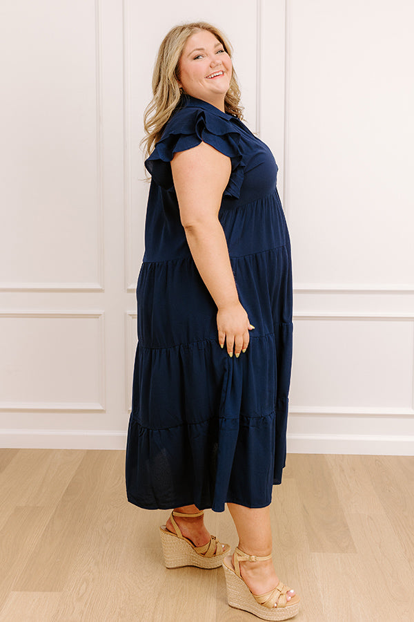 Impressions Sunny Spritzer Tiered Midi Dress In Navy Curves