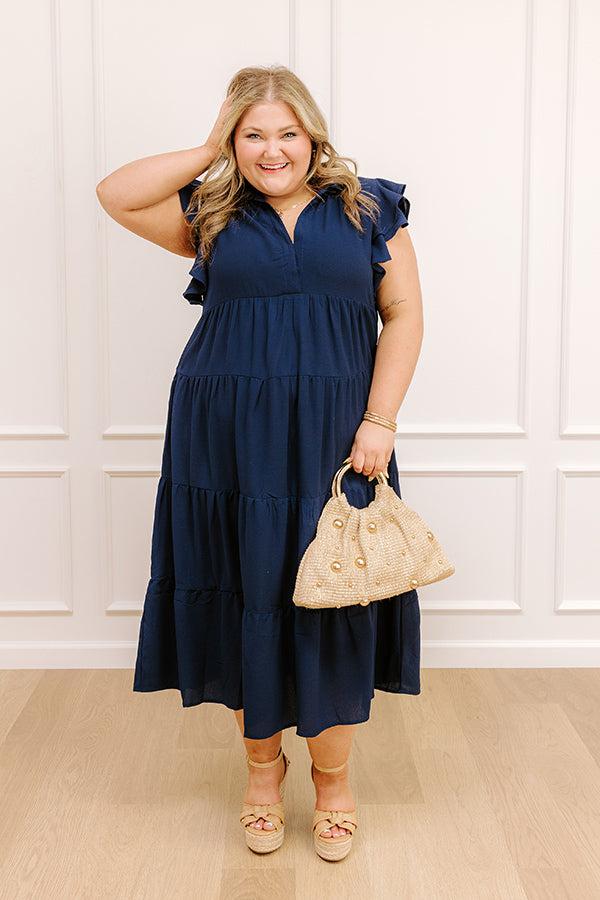 Impressions Sunny Spritzer Tiered Midi Dress in Navy Curves